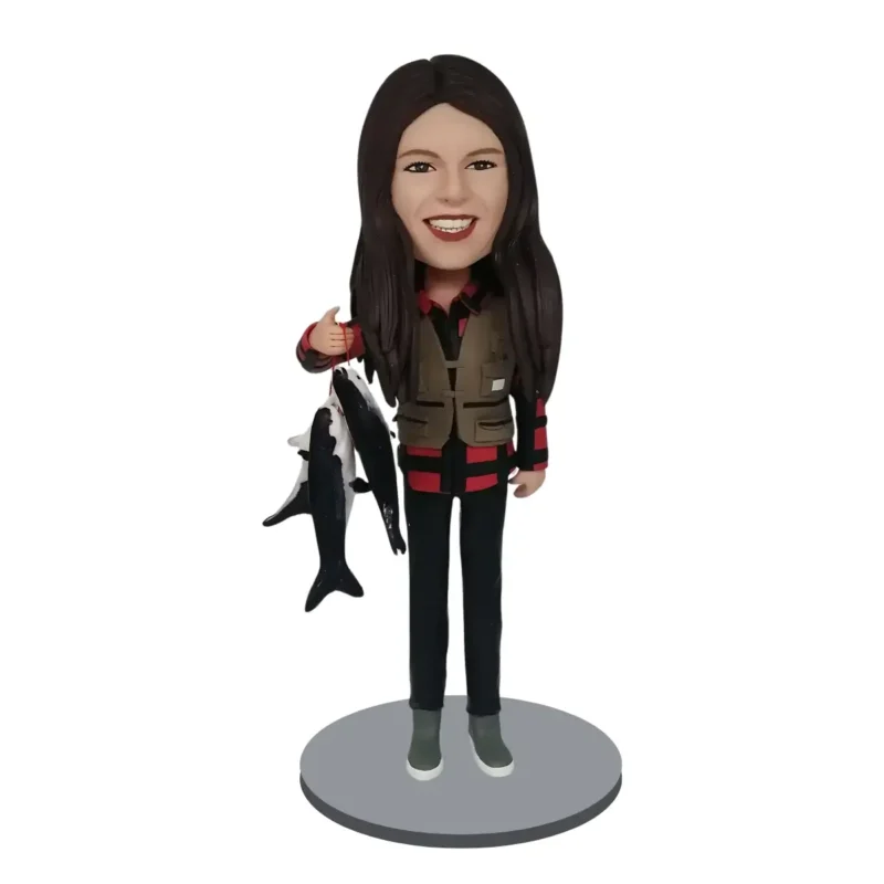 Custom female bobblehead with two fish in hand-as a Mother's Day gift