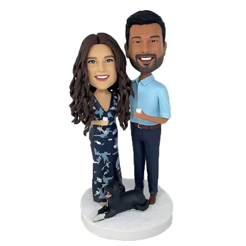 Shake head couple with champagne glass and a dog-shake head cake topper-wedding gift